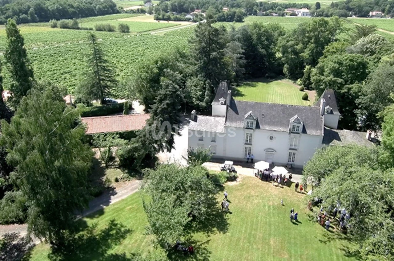 Vue aérienne d'un manoir entouré de jardins verdoyants, avec des vignes et des arbres en arrière-plan.