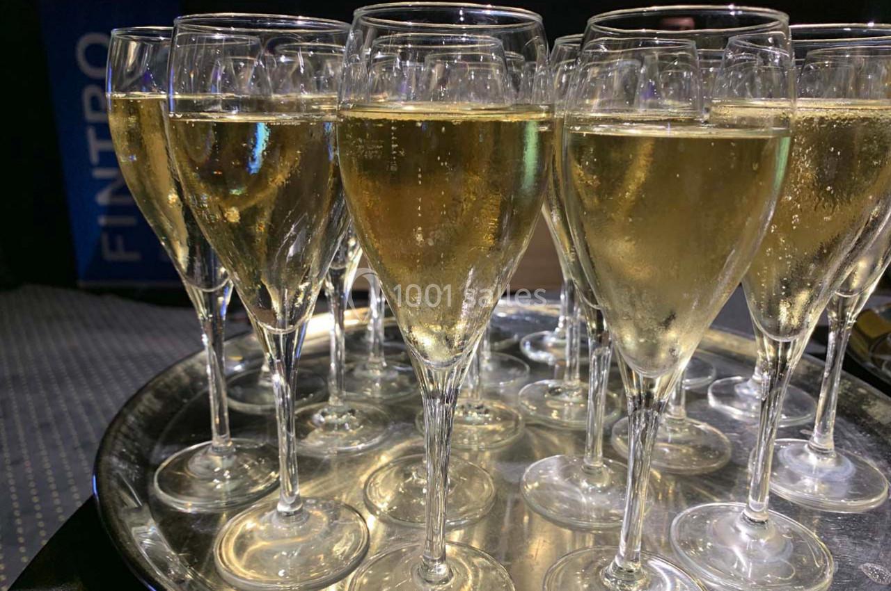 Plateau de verres remplis de champagne pétillant, disposés pour un événement ou une réception.