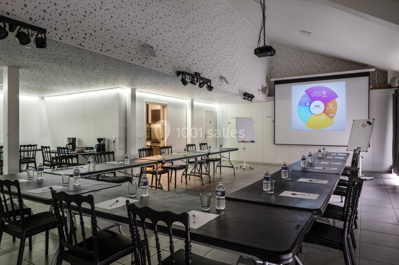 Salle de réunion équipée avec tables, chaises, bouteilles d'eau, paperboard et écran de projection affichant un graphique.