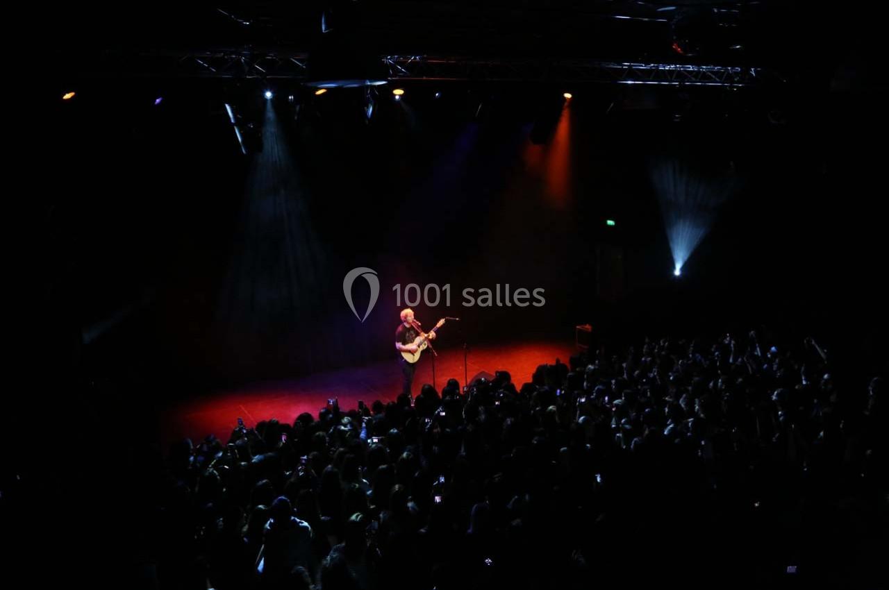 Un musicien joue de la guitare sur une scène éclairée, face à une foule dans une salle sombre.