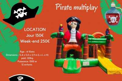 Structure gonflable jungle avec animaux et toboggan, entourée de feuilles, avec détails de location et caractéristiques.