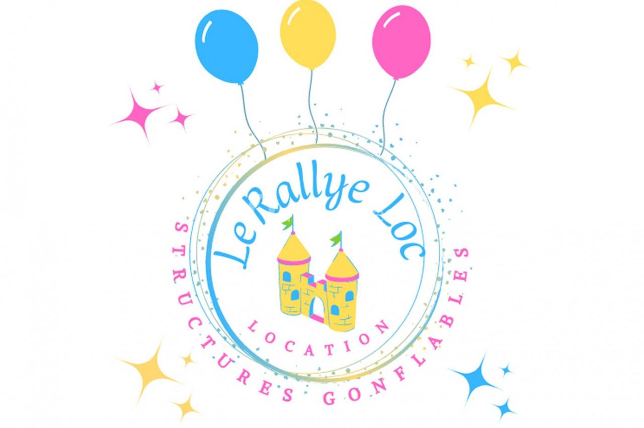 Logo coloré avec deux châteaux gonflables, quatre ballons et des étoiles, accompagné du texte ’Le Rallye Loc - Location…