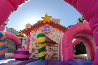 Structure gonflable jungle avec animaux et toboggan, entourée de feuilles, avec détails de location et caractéristiques.