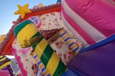 Structure gonflable jungle avec animaux et toboggan, entourée de feuilles, avec détails de location et caractéristiques.