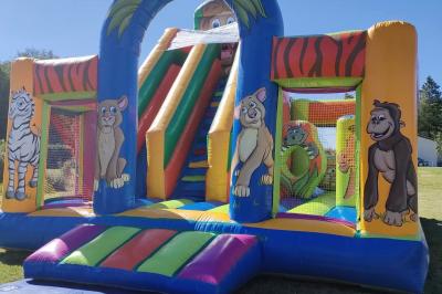 Structure gonflable jungle avec animaux et toboggan, entourée de feuilles, avec détails de location et caractéristiques.