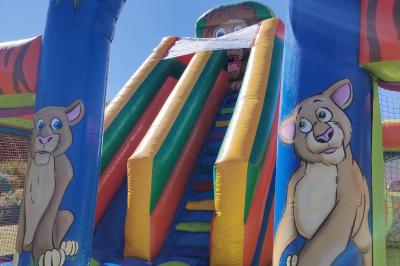 Structure gonflable jungle avec animaux et toboggan, entourée de feuilles, avec détails de location et caractéristiques.