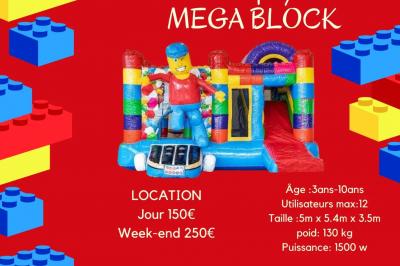 Structure gonflable jungle avec animaux et toboggan, entourée de feuilles, avec détails de location et caractéristiques.