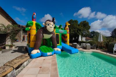 Structure gonflable jungle avec animaux et toboggan, entourée de feuilles, avec détails de location et caractéristiques.