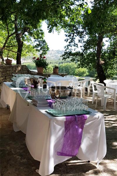 Tables dressées en extérieur avec nappes blanches, verres, seaux à glace et décorations violettes sous des arbres.