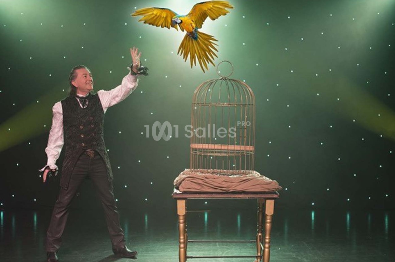 Un homme en costume libère un perroquet jaune et bleu près d'une cage sur une scène illuminée.