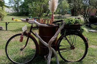 Salon lumineux avec mobilier en résine tressée, plantes vertes, tapis rond en jute et rideaux sombres.