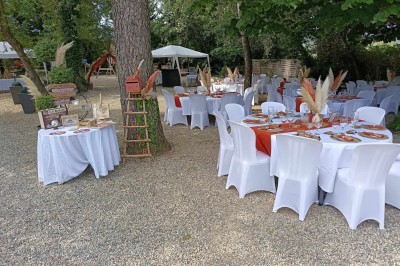 Salon lumineux avec mobilier en résine tressée, plantes vertes, tapis rond en jute et rideaux sombres.