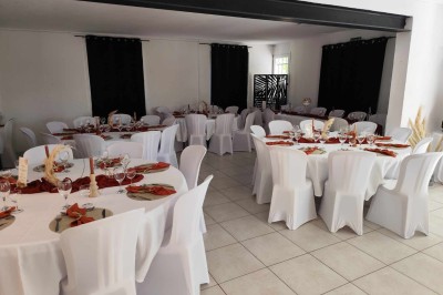 Salon lumineux avec mobilier en résine tressée, plantes vertes, tapis rond en jute et rideaux sombres.