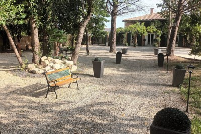 Salon lumineux avec mobilier en résine tressée, plantes vertes, tapis rond en jute et rideaux sombres.