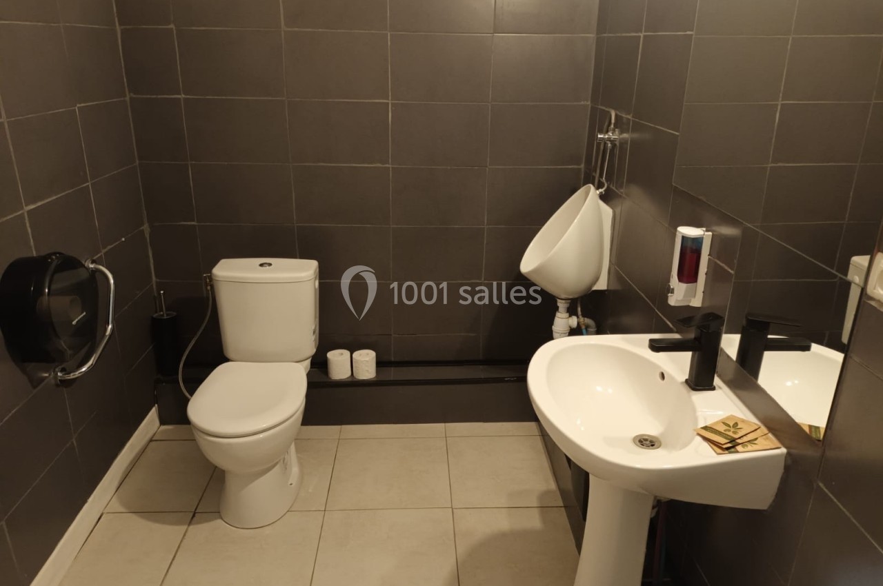 Toilettes avec carrelage gris, comprenant un WC, un urinoir, un lavabo avec miroir et des accessoires de salle de bain.