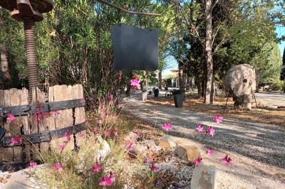 Salon lumineux avec mobilier en résine tressée, plantes vertes, tapis rond en jute et rideaux sombres.