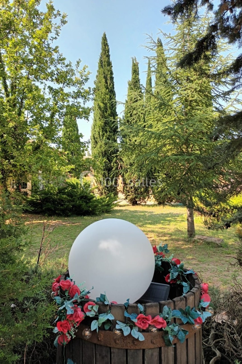 Un ballon blanc posé sur un tonneau décoré de fleurs rouges, dans un jardin avec des arbres et un ciel dégagé.