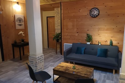 Salon lumineux avec mobilier en résine tressée, plantes vertes, tapis rond en jute et rideaux sombres.