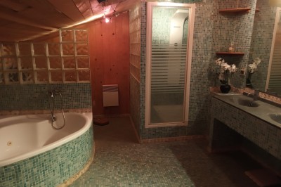 Salon lumineux avec mobilier en résine tressée, plantes vertes, tapis rond en jute et rideaux sombres.