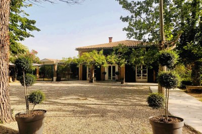 Salon lumineux avec mobilier en résine tressée, plantes vertes, tapis rond en jute et rideaux sombres.
