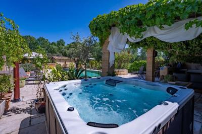 Vue d'une piscine entourée de végétation, avec un jacuzzi, des parasols et un paysage de campagne en arrière-plan.
