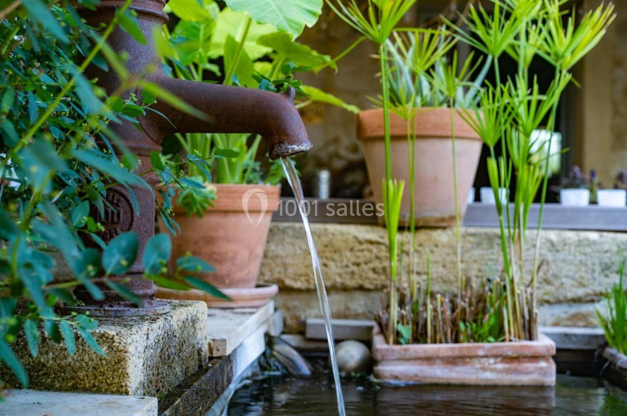 Pompe à eau ancienne en métal rouillé coulant dans un bassin entouré de plantes en pots.