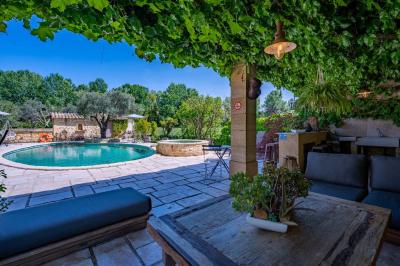 Vue d'une piscine entourée de végétation, avec un jacuzzi, des parasols et un paysage de campagne en arrière-plan.