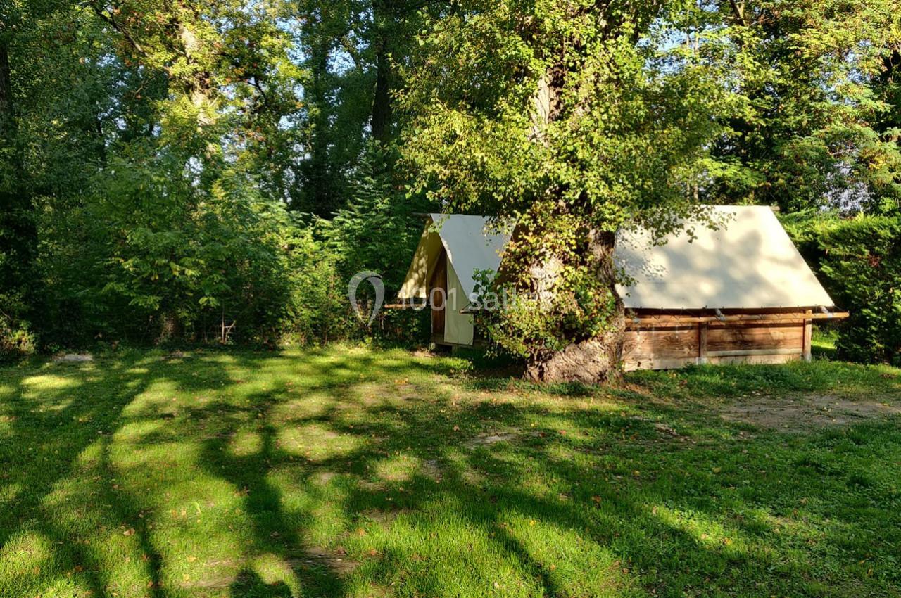Tente en toile beige installée dans une clairière verdoyante, entourée d'arbres et baignée de lumière naturelle.
