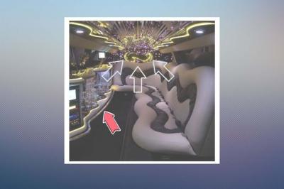 Limousine blanche sur une plateforme éclairée par des néons roses, avec texte ’Offre exclusive’ et prix affiché.