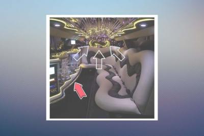 Limousine blanche sur une plateforme éclairée par des néons roses avec le texte ’Offre exclusive’ et un prix affiché.