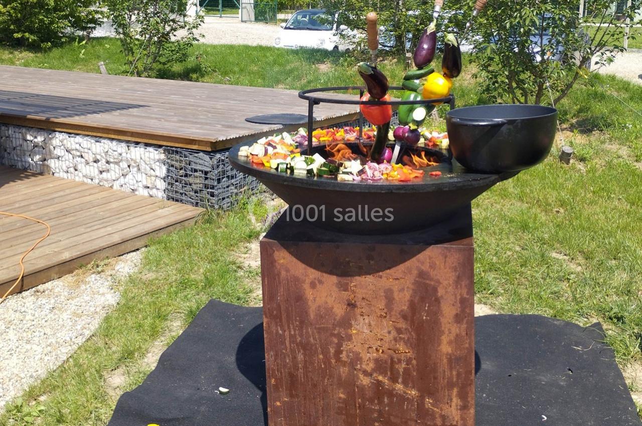 Plancha en extérieur avec légumes variés en cuisson sur une plaque chauffante, entourée d'un espace vert.