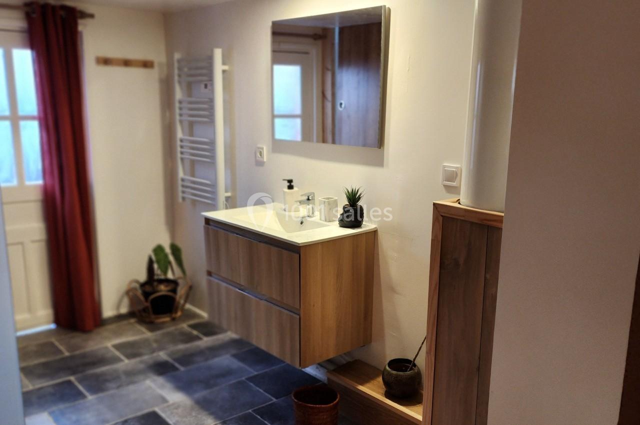 Meuble de salle de bain en bois avec vasque blanche, miroir, plantes décoratives et sol en carrelage gris.