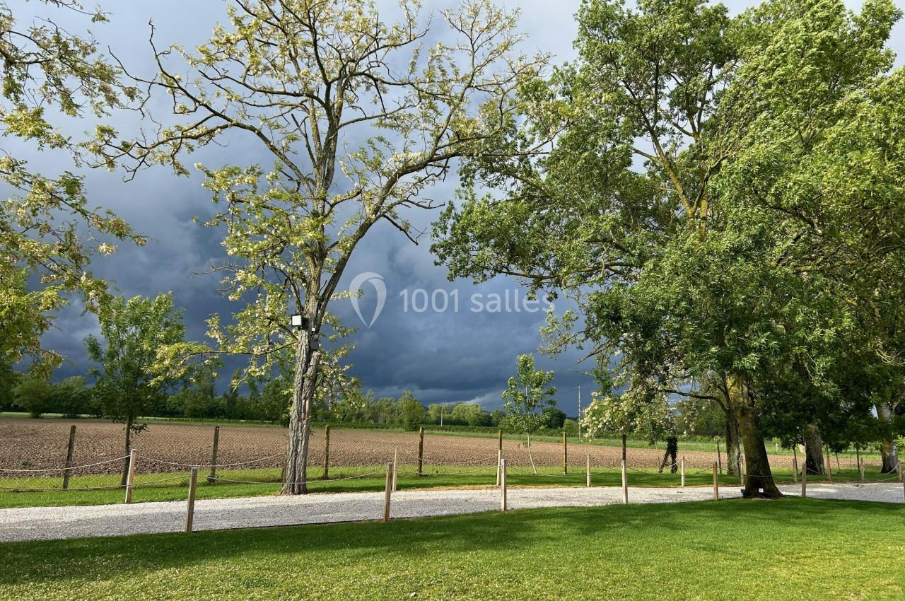 Allée bordée d'herbe et d'arbres sous un ciel nuageux, avec un champ clôturé en arrière-plan.