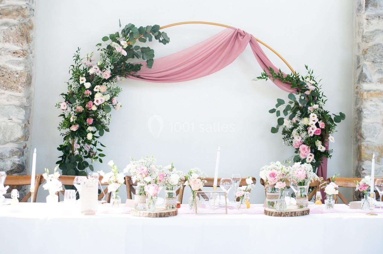 Décoration de table de mariage avec arche florale rose et blanche, bougies et arrangements floraux élégants.