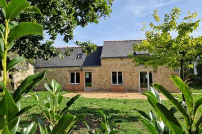 Deux lits avec couvertures bleues et marron dans une chambre lumineuse au sol en parquet et mur clair.