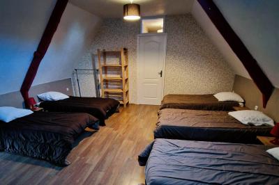 Deux lits avec couvertures bleues et marron dans une chambre lumineuse au sol en parquet et mur clair.