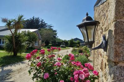 Deux lits avec couvertures bleues et marron dans une chambre lumineuse au sol en parquet et mur clair.