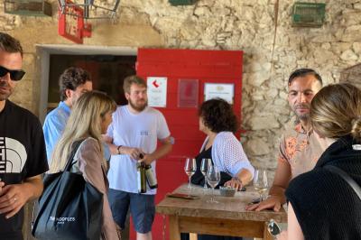 Vue aérienne d'un domaine rural avec bâtiments en pierre, cour pavée, arbres et champs environnants.