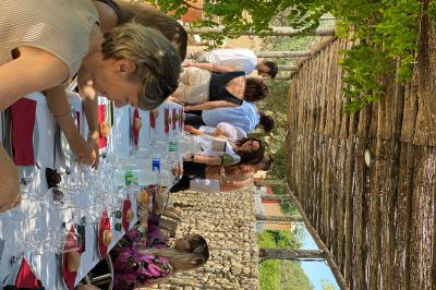 Vue aérienne d'un domaine rural avec bâtiments en pierre, cour pavée, arbres et champs environnants.