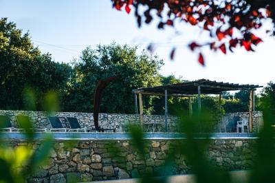 Vue aérienne d'un domaine rural avec bâtiments en pierre, cour pavée, arbres et champs environnants.
