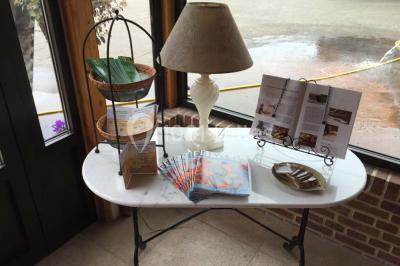 Un grand saule ombrageant un espace détente avec des palettes aménagées et des coussins sur une pelouse.