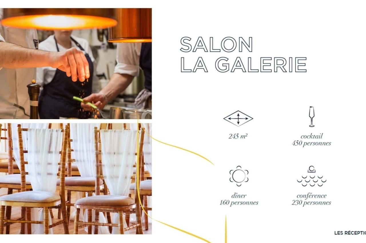Chef en cuisine, chaises alignées pour un événement, et capacités du Salon La Galerie affichées en chiffres.