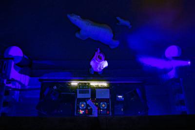 Façade d'un bâtiment illuminée par des projections lumineuses colorées dans un environnement nocturne.