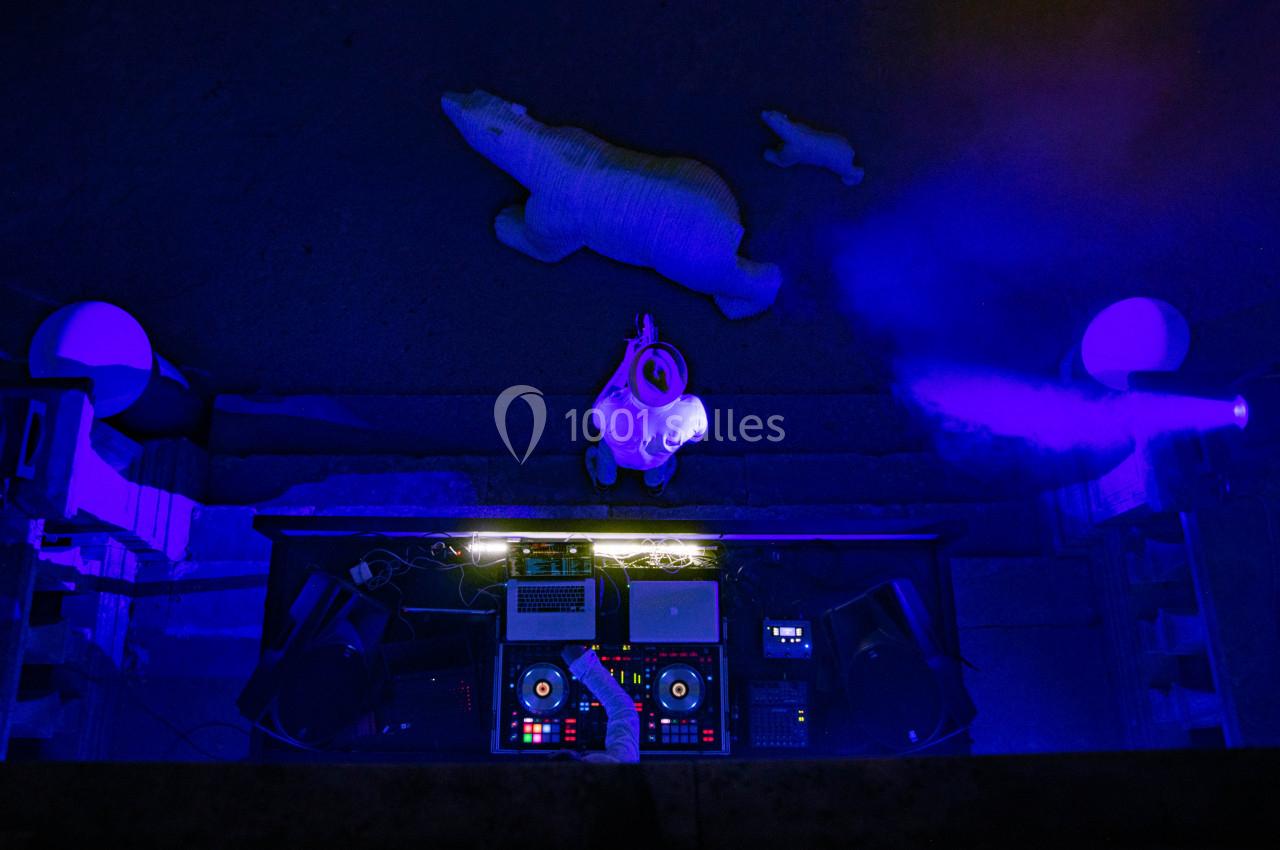 Vue aérienne d'un DJ mixant sur une table de mixage éclairée, entouré d'une lumière bleue et de sculptures d'ours polaires.