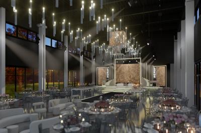 Salle de réception élégante avec tables dressées, éclairage suspendu et grandes baies vitrées donnant sur un paysage arboré.