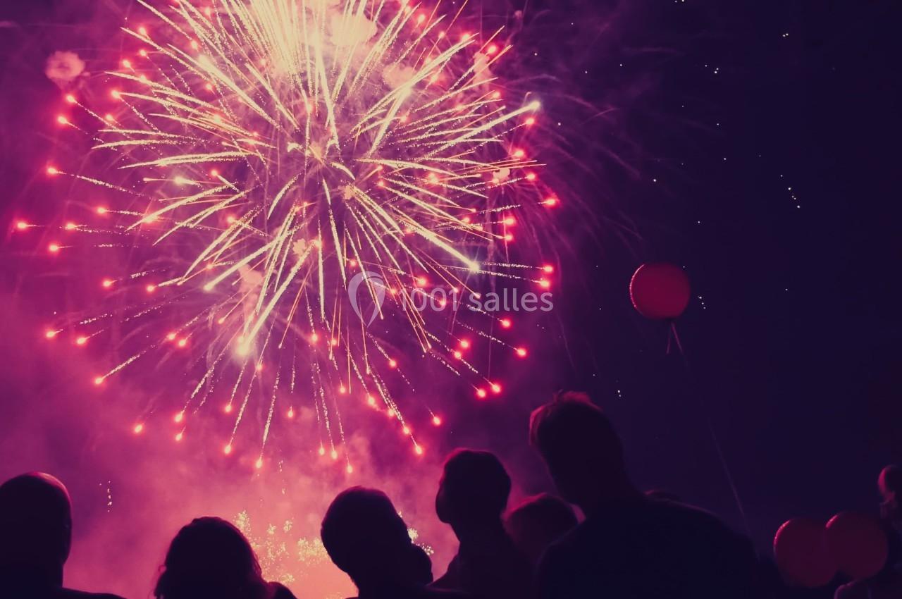 Feu d'artifice coloré illuminant le ciel nocturne, observé par des silhouettes de personnes au premier plan.