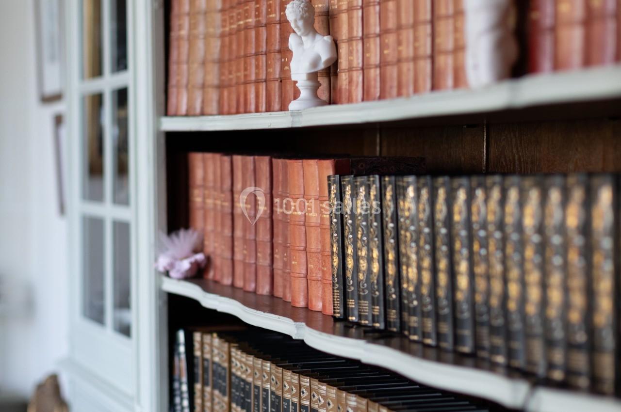 Bibliothèque avec des étagères remplies de livres anciens reliés en cuir et décorées de petites sculptures.