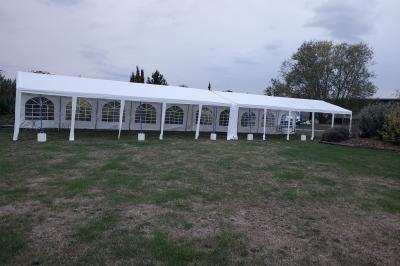 Grande tente blanche avec fenêtres en arc, installée sur un parking entouré de végétation.