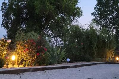 Jardin en soirée avec des arbustes fleuris, éclairé par des lampes au sol, entouré d'arbres et de végétation.