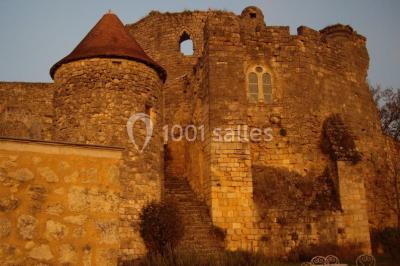 Vue nocturne d'un château en pierre éclairé par des projecteurs, mettant en valeur ses murs et ses fenêtres.